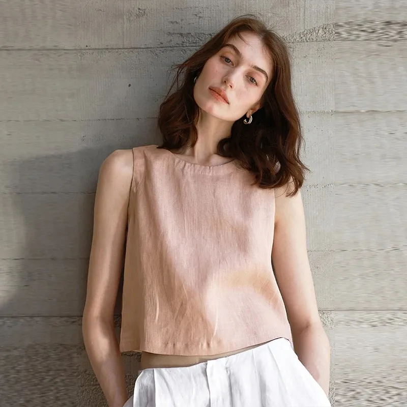 Chic Front And Back Two Wear Women Linen Tank Top 2026 Summer New Casual Short Loose 100% Linen Sleeveless Crop Tops — image 11