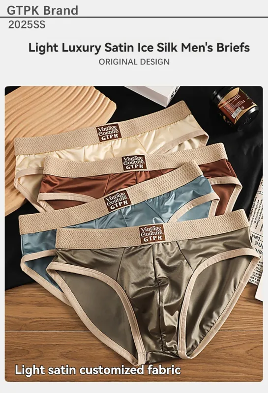 3PCS/Pack Luxury Satin-like Sexy Men's Briefs Smooth Cool Ice Silk Quick-dry Panties 3D Mesh Breathable Crotch Man Undrewear — image 7