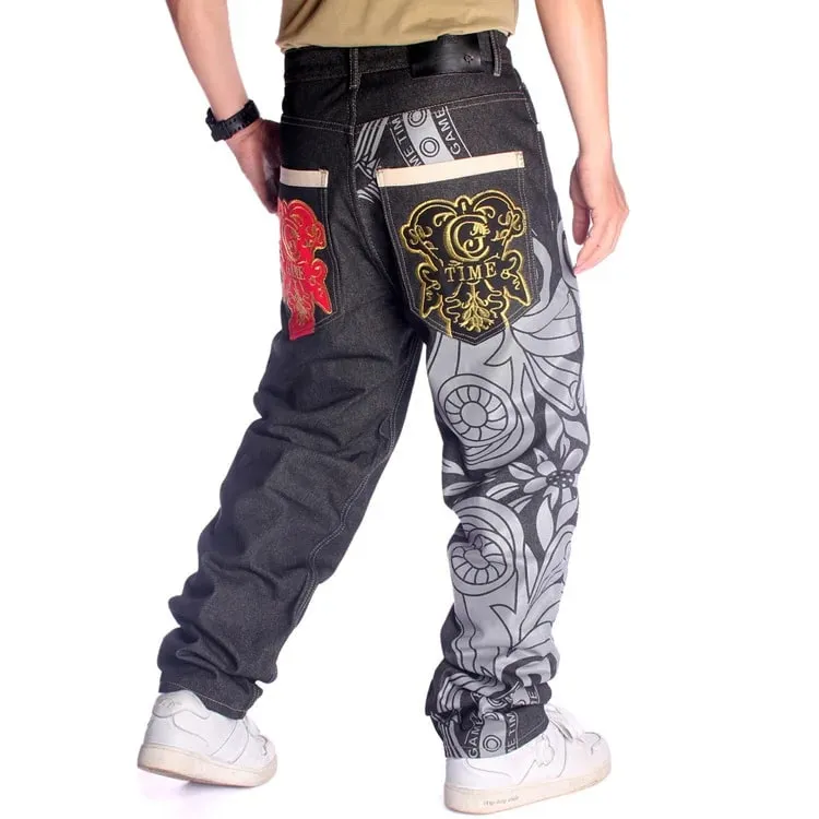 Jean Print Distressed Men Embroidery Jeans Straight Denim Pants Full Length Washed Mid Waist Zipper Fly Pockets Hiphop Loose — image 2