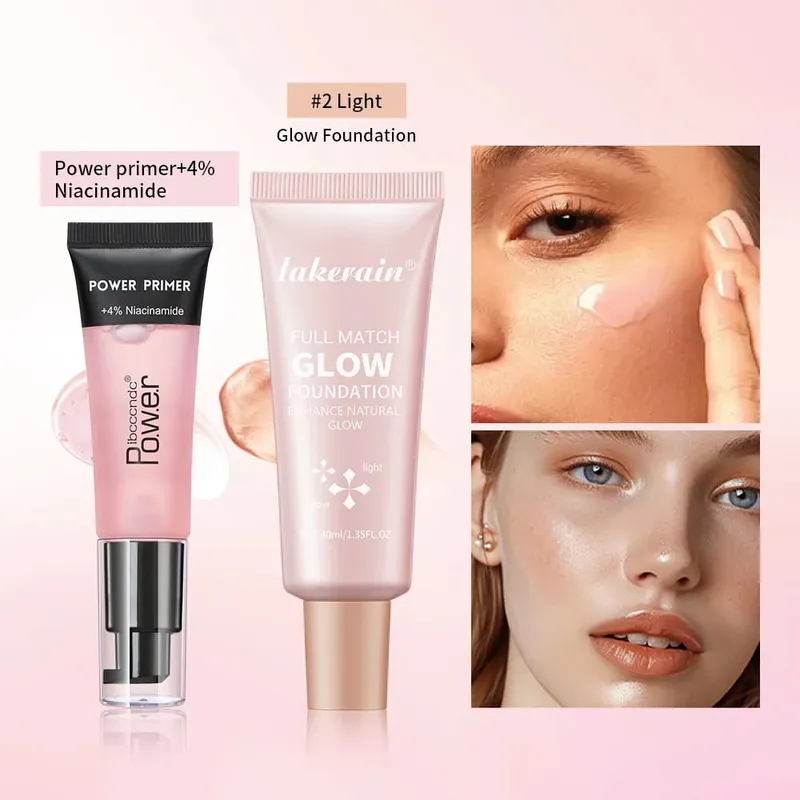 Powder Grip Primer Gel & Glow Foundation Makeup Kit Hydrating Smoothing Skin Lightweight Brighthen Shiny Fase Cosmetics Combo — image 2
