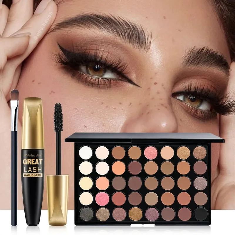 3pcs Makeup Sets for 40 Colors Rainbow Eyeshadow Palette+Black Mascara with 1pc Brush 3 In 1 Makeup Kit For Daily Party Daily — image 5