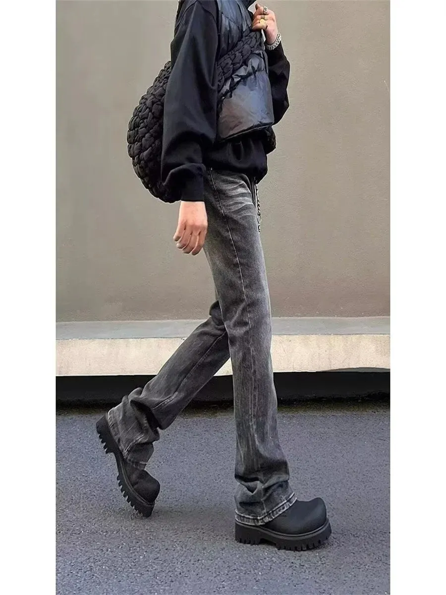 American high street washed black jeans for men stylish and straight cut slim fit elastic micro flared pants — image 8