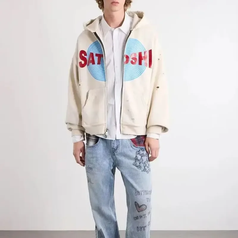 New Arrival Satoshi Zip Hoodie Destroyed Hole Design Loose Cotton Casual Outdoor Jacket Tops — image 20