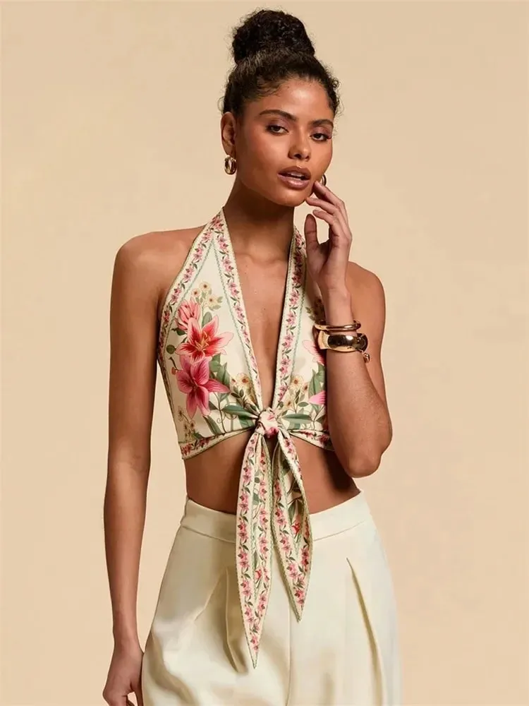 Sexy Knot Front Halter Crop Top for Women Summer Sleeveless Graphic Floral Printed V-neck Backless Tank Top Y2K Clothes — image 3
