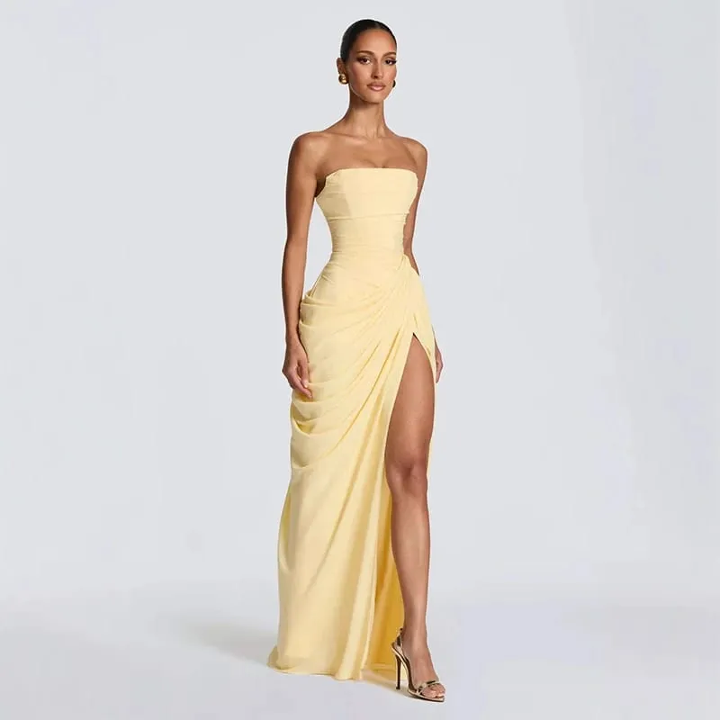 Sexy sólido plissado vestido sem alças senhora chique fora do ombro sem costas cintura alta vestidos divididos feminino 2026 novo vestido de festa à noite