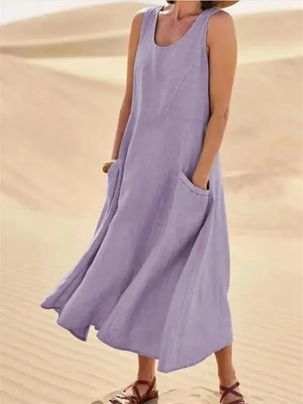 Sleeveless Suspenders Cotton Linen Dress Women Side Double Pocket Splicing Solid Color Dresses Women Summer Casual Commuter Gown — image 6