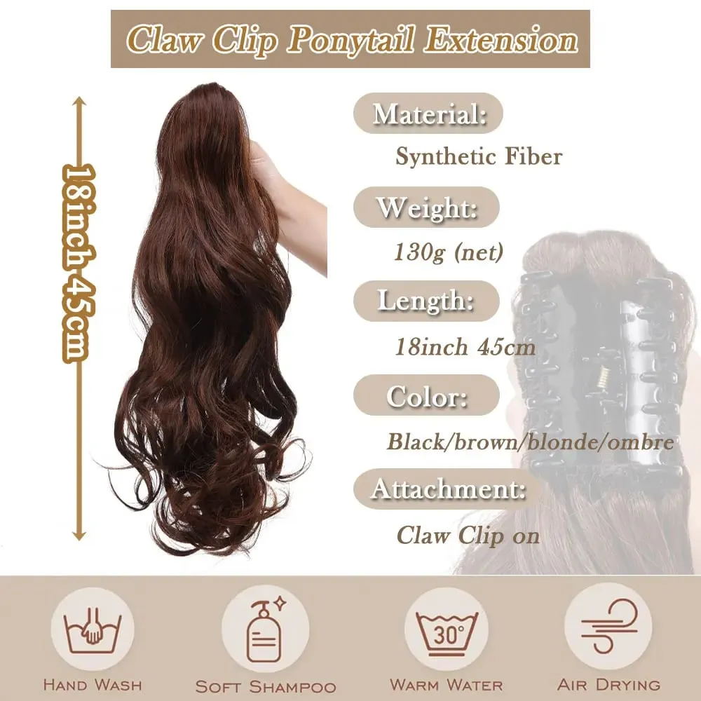 18" Ponytail Extension Synthetic Claw Clip in Hairpiece Curly Wavy Ponytail Hair Extensions Long Pony Tail Hairpiece for Women — image 6