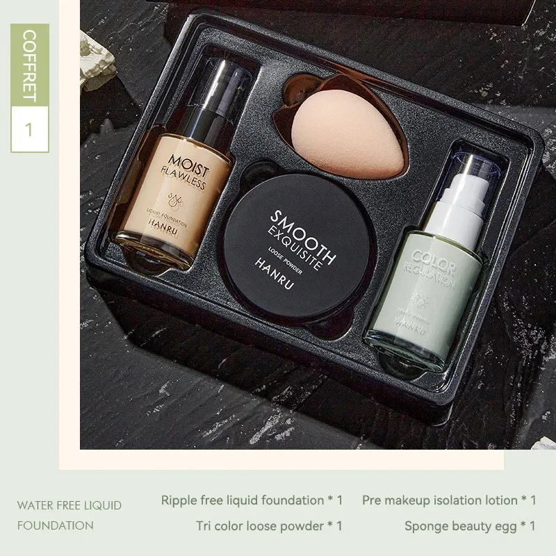 Base and makeup set 4-piece combo pack concealer foundation primer loose powder light makeup for a natural look