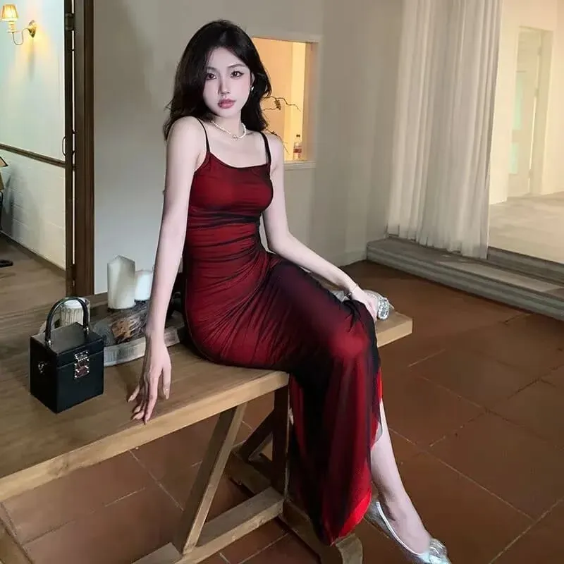 Vestido maxi feminino francês sem mangas bodycon espartilho vinho vermelho alça espaguete franzido elegante festa à noite vestidos longos vintage — image 2