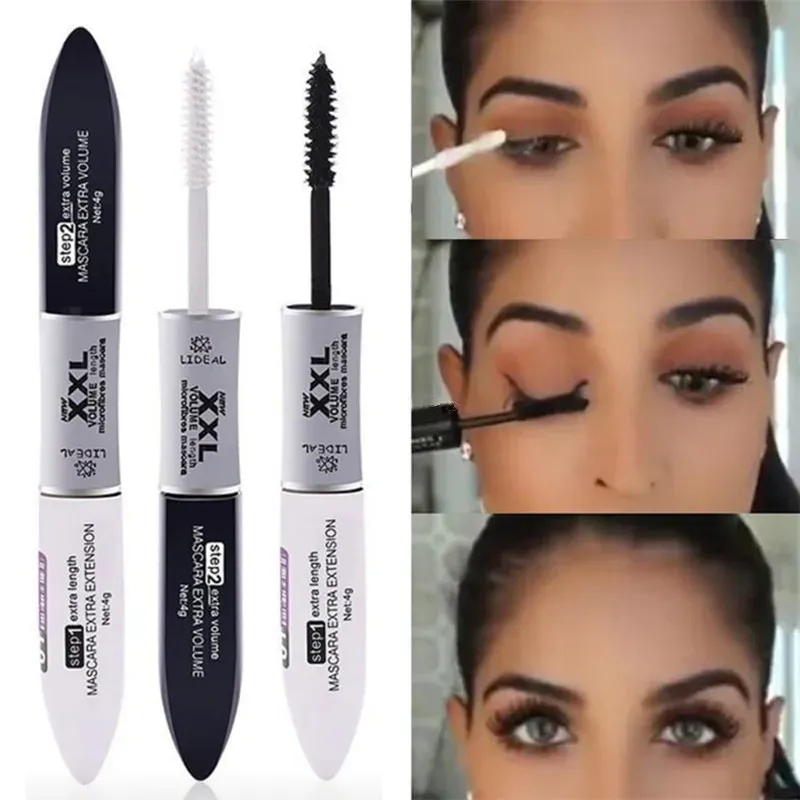 Ultrasort dobbeltendet mascarafiberforlængende og volumengivende langtidsholdbar øjenmakeup med sorte og hvide børstehoveder — image 6