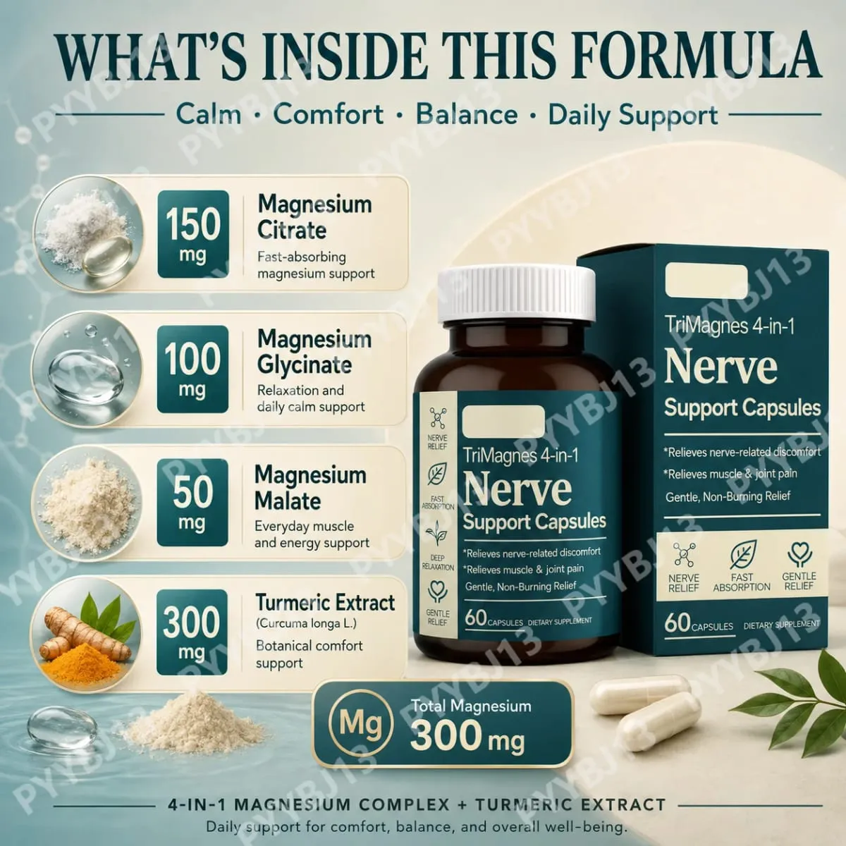 4-i-1 Magnesium nervstödskapslar med citratglycinatmalat och gurkmejaextrakt 60 CT snabbabsorptionsformel — image 3