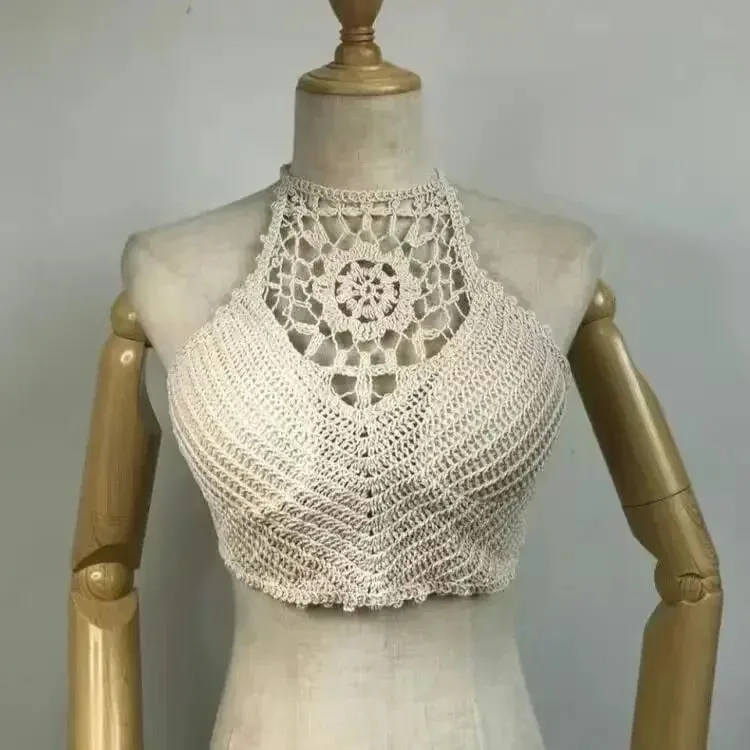 Crop Tops Retro Wild Hollow Perspective Tassel Sexy Spaghetti Strap Tanke Top Women Built In Bra New Back Lace Halter Neck — image 16