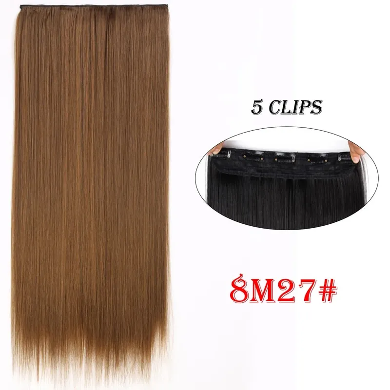 One Piece Clip In Hair Extensions 24" Straight Thick Synthetic Clip In Hairpieces Highlights Black Brown Soft For Women Daily