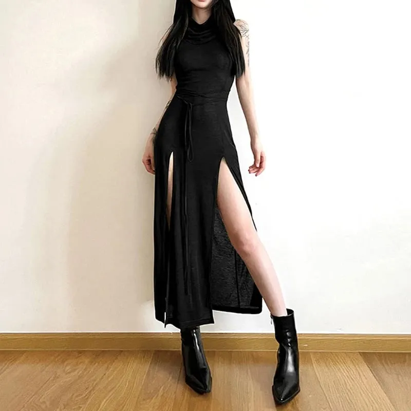 Goth Dark Cyber ​​Gothic Desert Walker Šaty s kapucí Y2k Punk Grunge Duté Midi Šaty Ženy Sexy Split Side Solid Streetwear