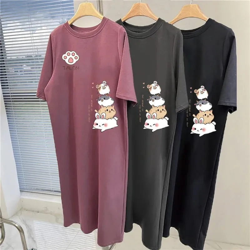 Summer Japanese Cute Cartoon Rabbit Stacked Print Female Large Size Loose Short-sleeved Dress — image 3