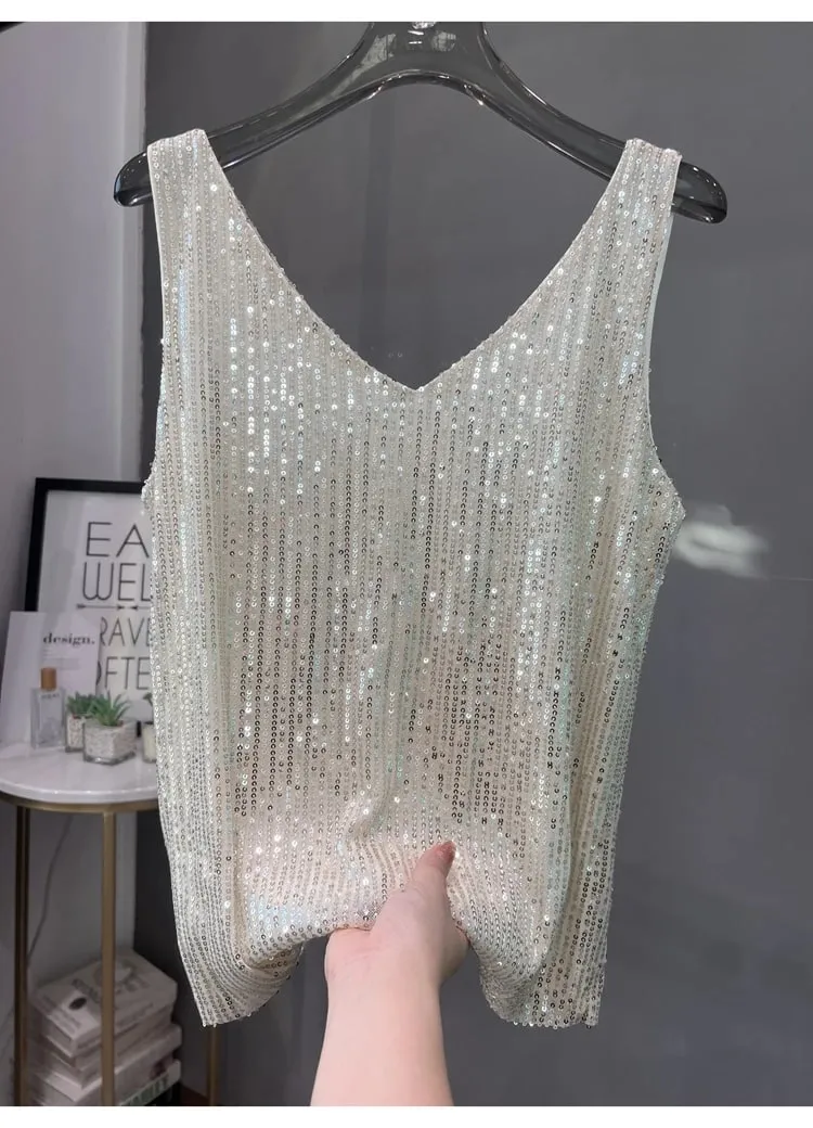 2024 New European and American Sequined V-neck Vest Worn Inside A Suit Bottoming Shirt and Worn Outside A Sparkling Top
