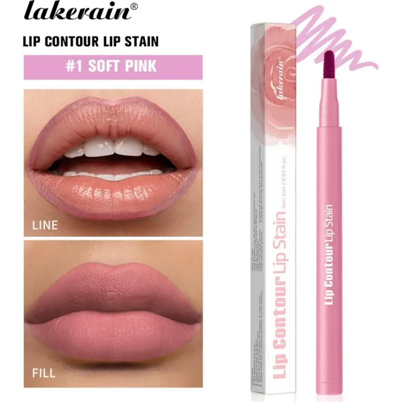 2-in-1 Lip Contour Stain Lip Tint Soft Nude Lip Makeup Smudge-proof Non-stick Cup Moisturizing Lip Stain & Liner Pen Long-wear