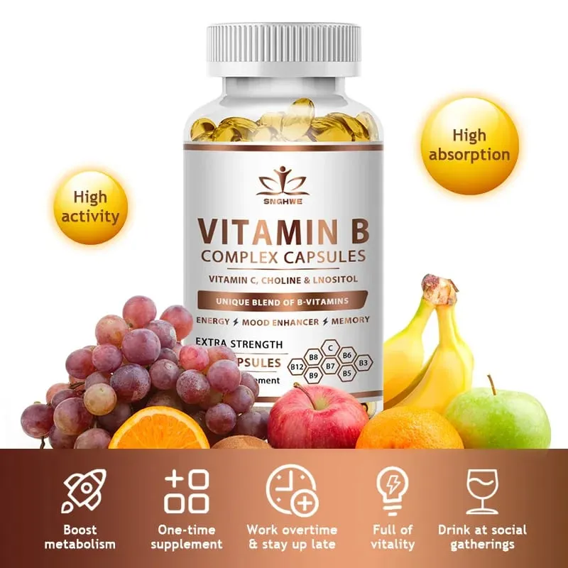 B-Complex Vitamin Supplements (B1 B2 B3 B5 B6 B12 Folic Acid&Biotin) Relieve Stress Improve Immunity System Strong Bones &Teeth — image 7
