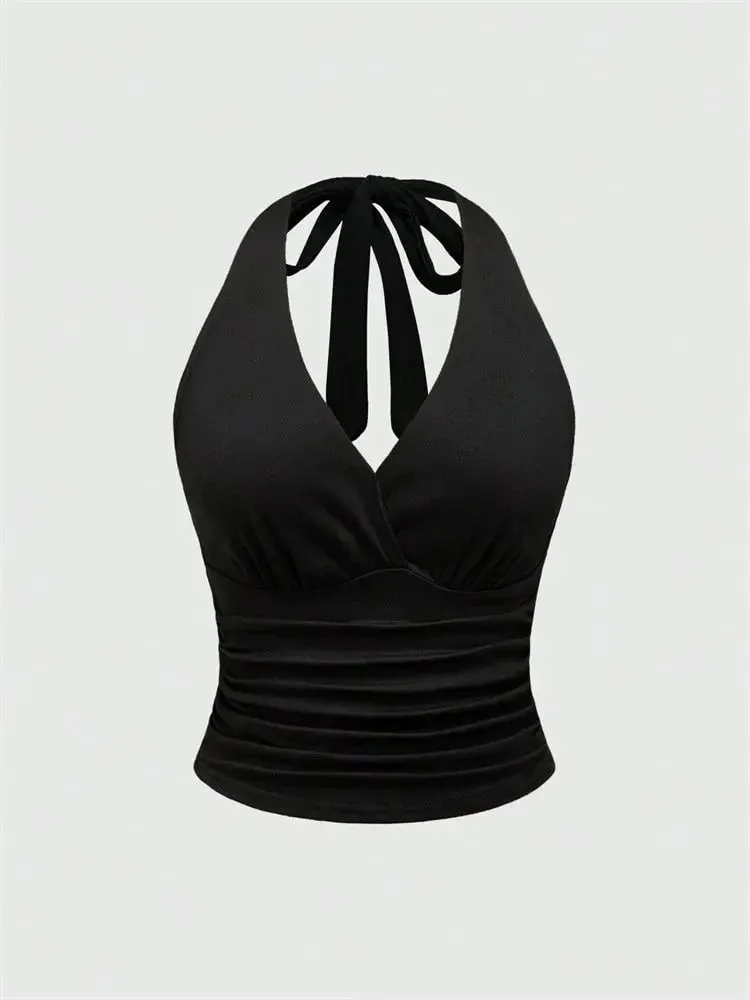 Leopard Printed V-neck Backless Halter Crop Top for Women Summer Sexy Y2K Sleeveless Ruched Top Streetwear — image 9