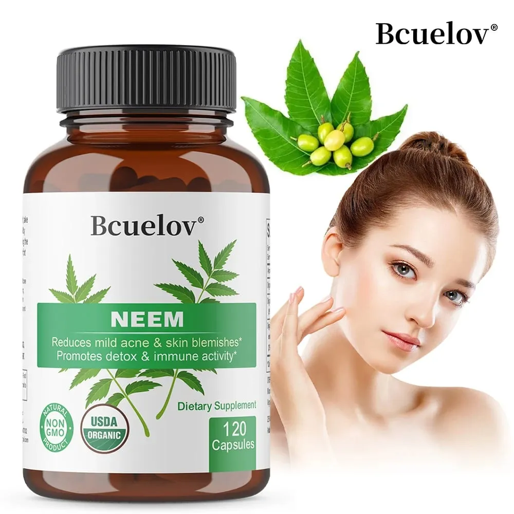 Organic Neem Capsules - Mga Herbal Acne Supplement na Sumusuporta sa Maaliwalas na Balat at Detox - Vegan Non-GMO Gluten Free — image 1