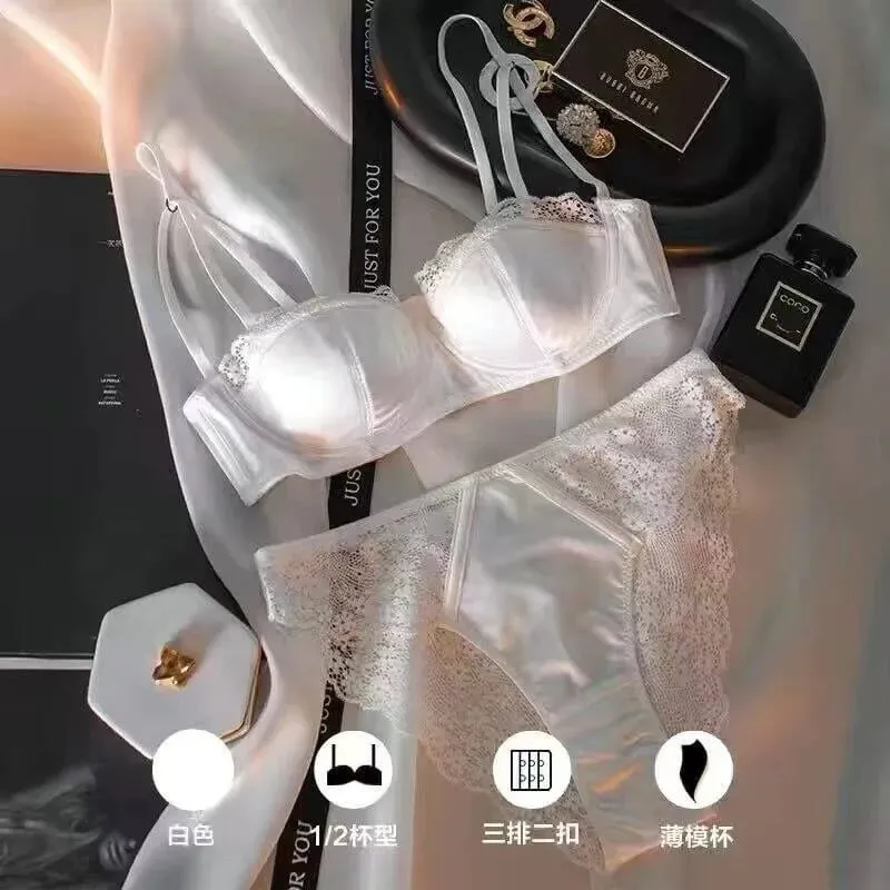 Europäisch-amerikanisches sexy Satin-Halbschalen-Unterwäscheset mit bequemer oberer Stützung, dünn, mit glänzendem Stahlring und grünem Spitzenrand — image 13