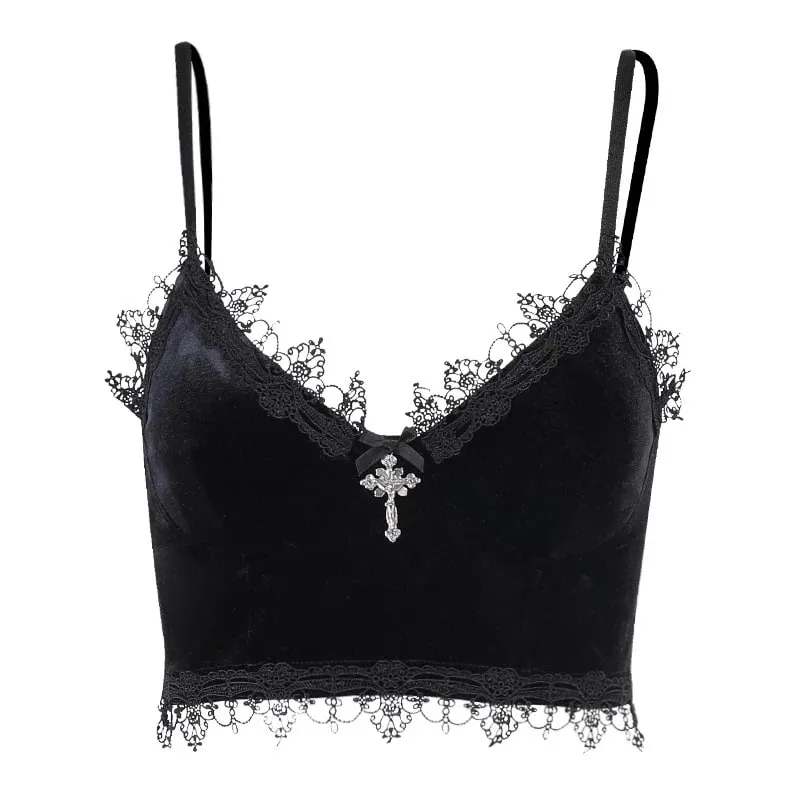 Velvet Y2K Mall Goth Crop Tops Black Lace Trim Emo Alternative Aesthetic Crop Tops Women Backless Sexy Strap Tanks