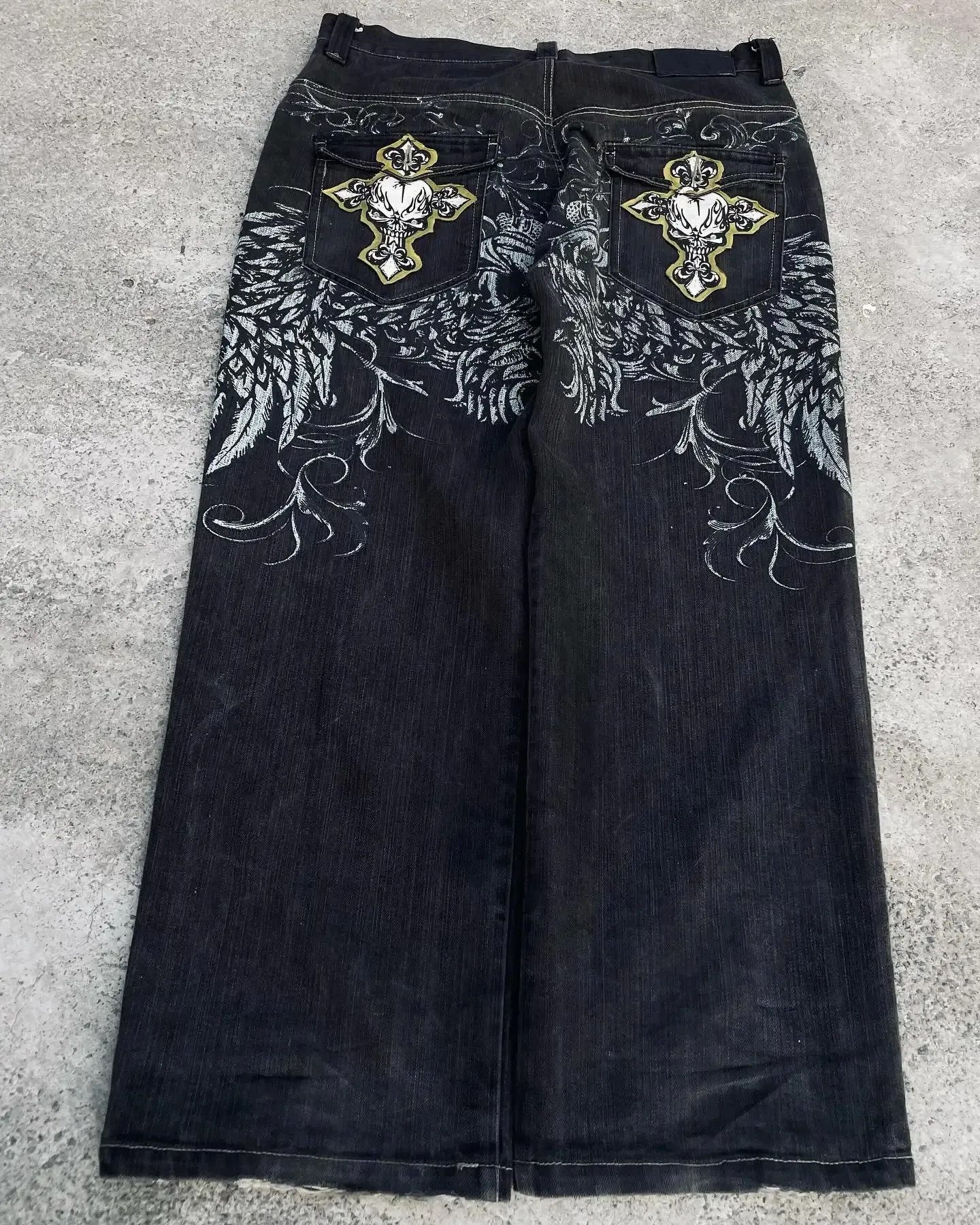 Gothic Retro American Y2K Cross Embroidery Patchwork Baggy Jeans Men Streetwear Casual Straight Wide-leg Pants Couple Jeans — image 7