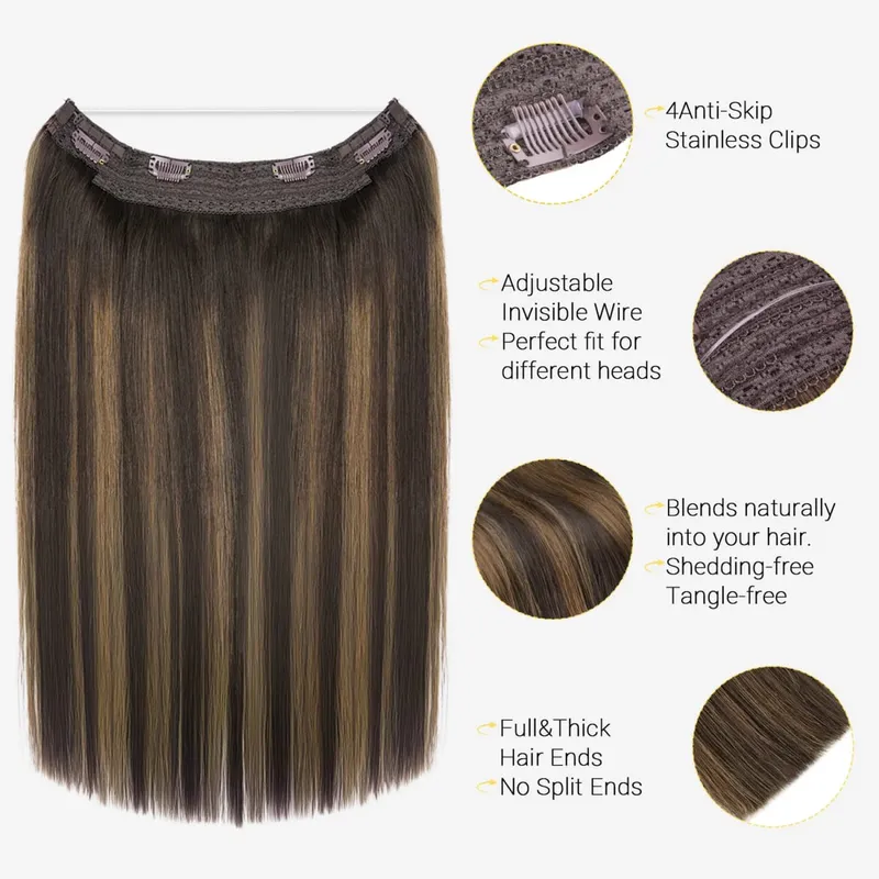 Sunmofavo Wire in Hair Extensions Real Human Hair Balayage Dark Brown to Chestnut Brown Invisible Fish Line Remy Blonde Weft