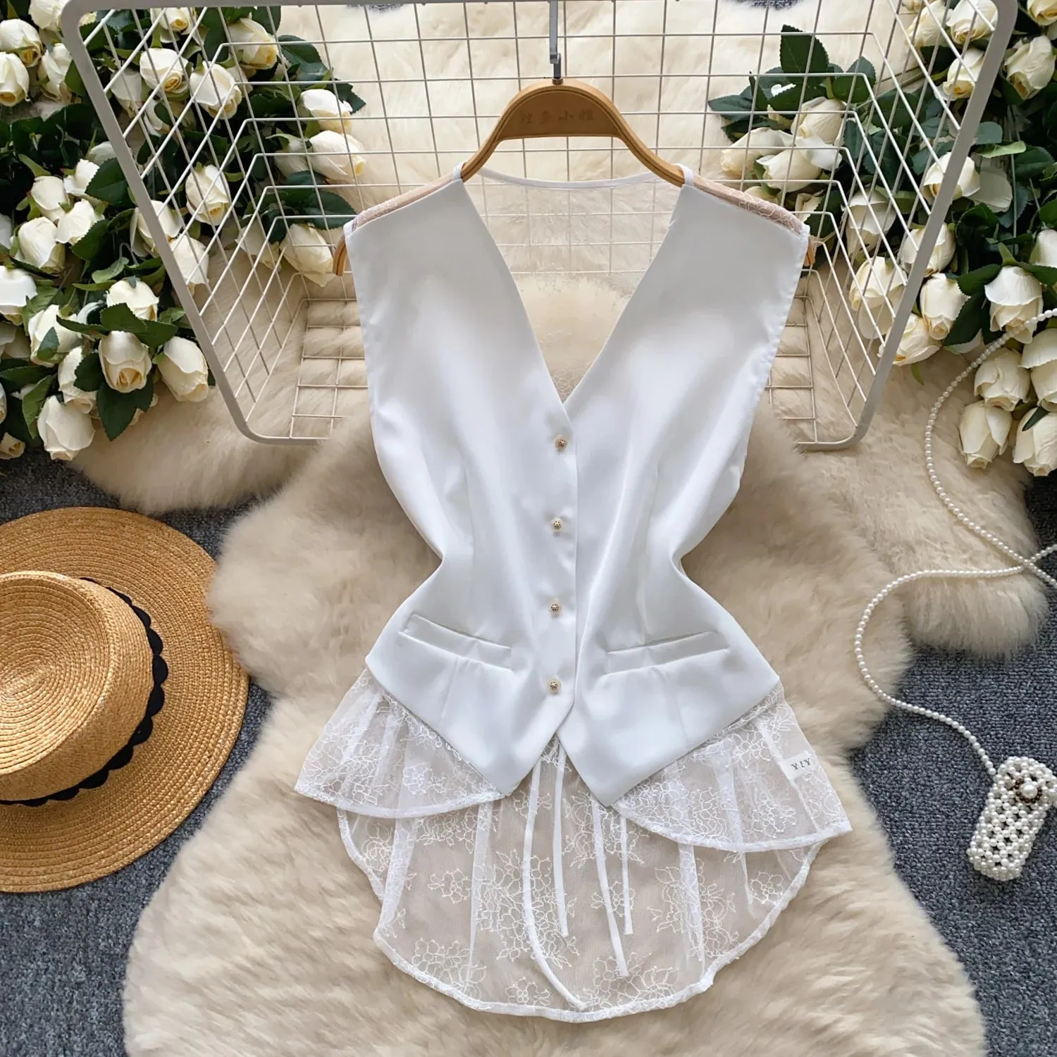 Backless Sexy Tank Vest Sleeveless Single Breasted V Neck Spliced Lace Skinny Sheer Irregular Summer Women Design Tops — image 8