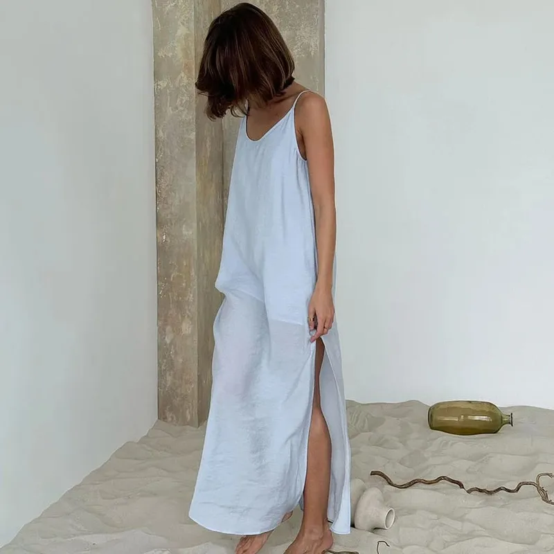 Linad Summer Casual White Long Dress Sexy Loose Backless Split Dresses Woman Street Chic V Neck Straight Dress For Women 2025 — image 3