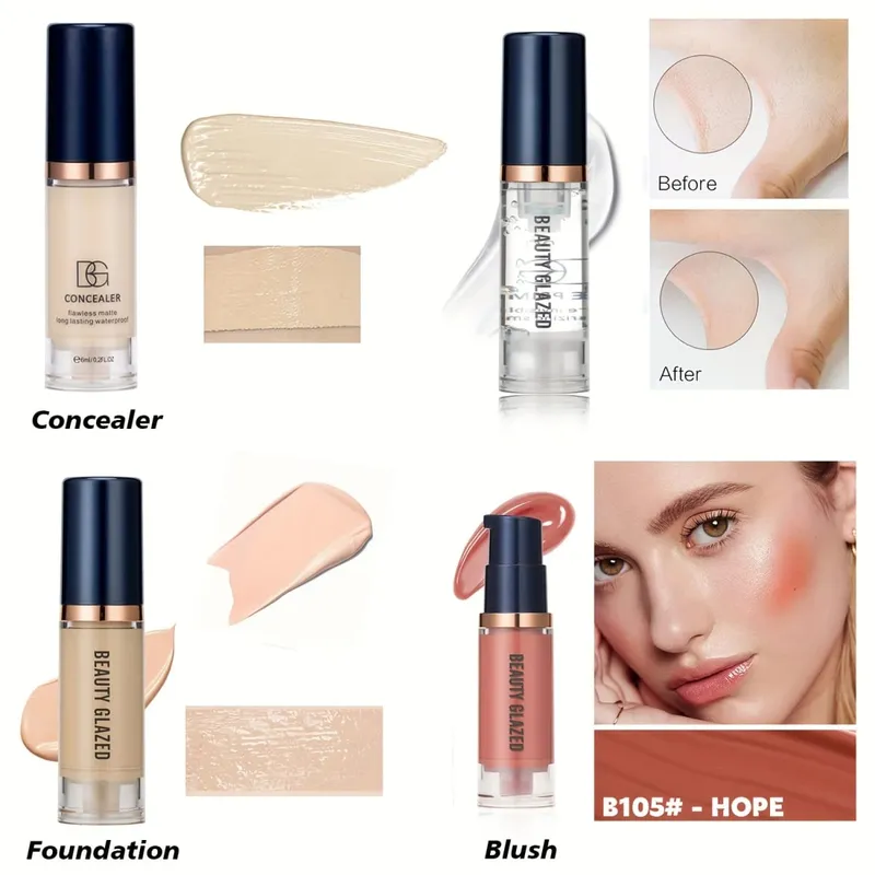 4Pcs Set Primer + Concealer + Liquid Foundation + Liquid Blush Matte Velvet Waterproof Foundation Blush Makeup For Travel — image 9