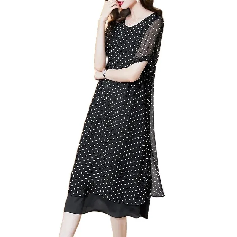 Summer Short Sleeves Covering Belly High End Chiffon Dress 2026 New Large Size Loose Dot French Style Long Dress Women Vestidos — image 6