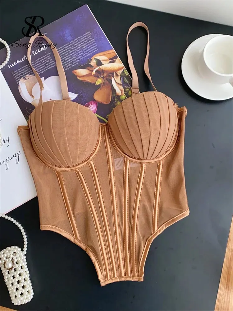 Fashion Solid Corset Lingerie Top Ladies Strap Sheer Mesh Slim Camisole American Retro Backless Beach Sexy Tank Top