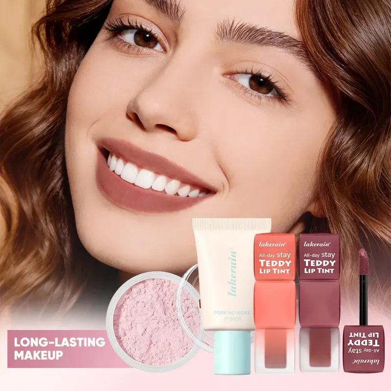 4pcs/set Pore No More Primer + Lip Tint + Loose Setting Powder Makeup Set Matte Long-Lasting Waterproof Effect Travel Portable