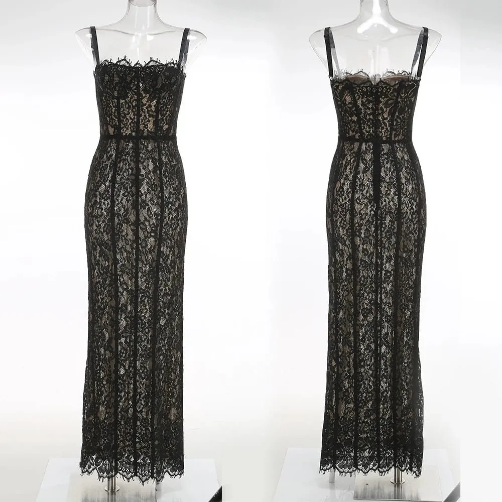 Fashionable Elegant Lace Corset Maxi Dress Vintage Spaghetti Strap Bustier Bodycon Evening Gown for Dinner Party Wedding Guests