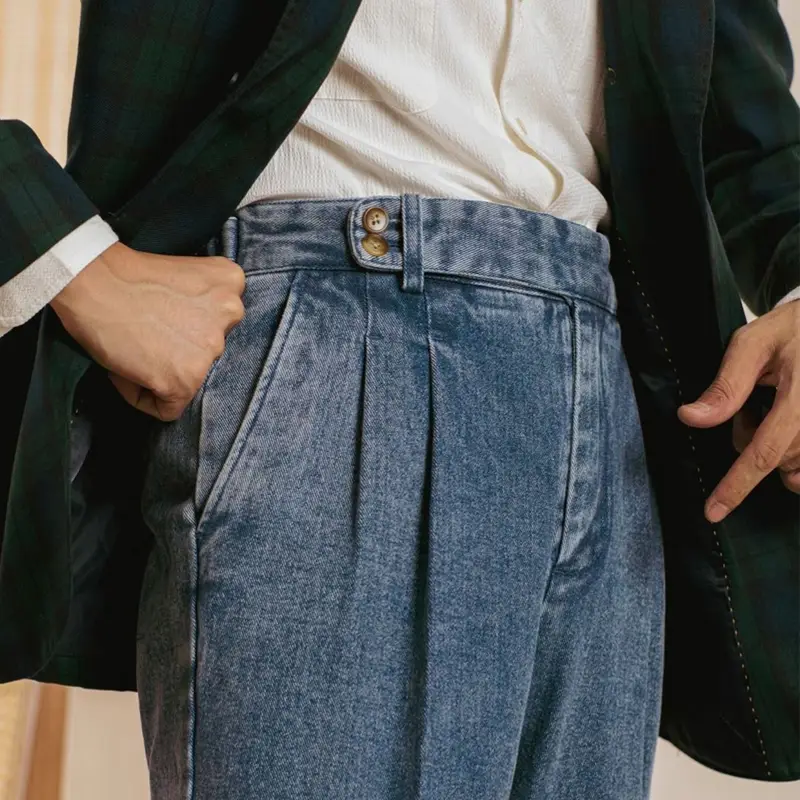 Double Pleat Jeans Men Naples Pants Wash Cotton Loose Straight Trousers Spring Autumn Fashion England High Waisted Denim Pant