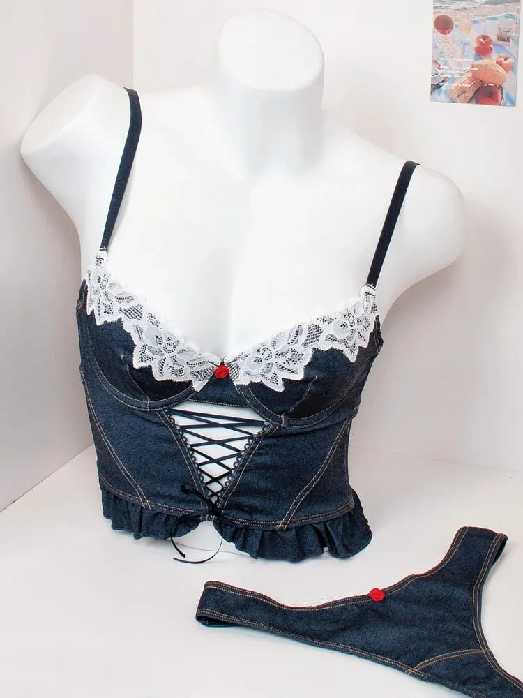 Cross camisole women's underwear with bra pads thin undershirt spaghetti straps lingerie set elegant lace denim underwear — image 6