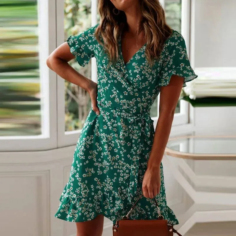 Customizable Women Dresses Summer Sexy V Neck Floral Print Boho Beach Dress Ruffle Short Sleeve A Line Mini Dress