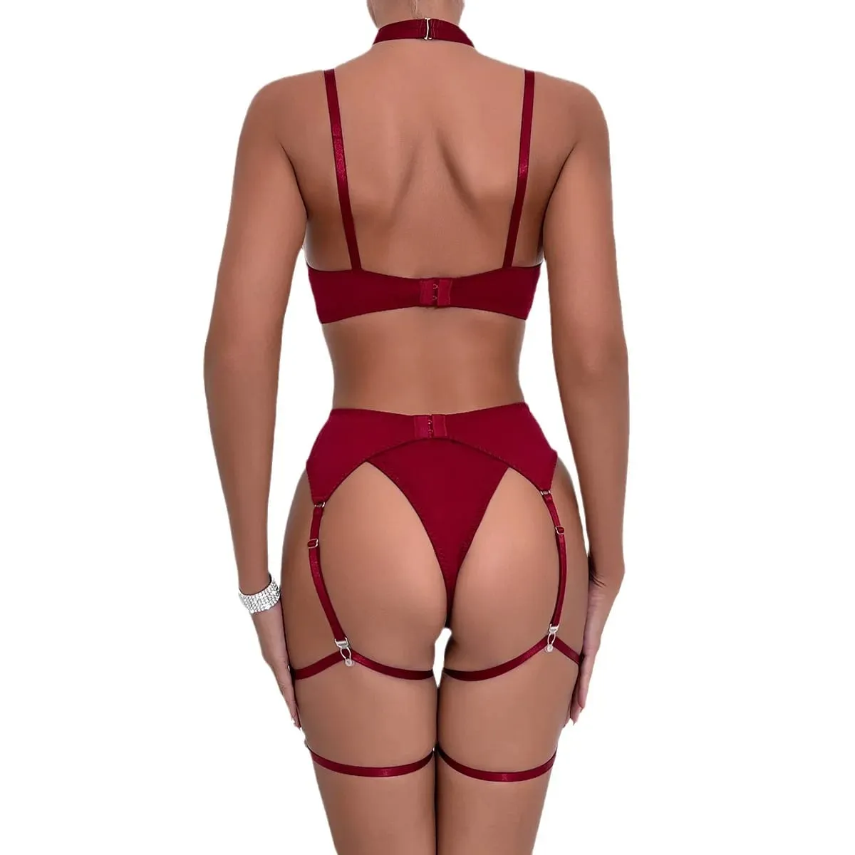 sexy lingerie set Bow bra Black Temptation Bra Set Belt Hollowed Out Gathering Four Piece underwear women Set Erotic Sleepwear