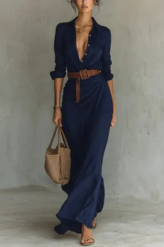 Damesmode effen vakantie feestjurk elegante revers knoop gedrapeerde lange jurk casual lange mouw match met riem shirtjurk — image 7