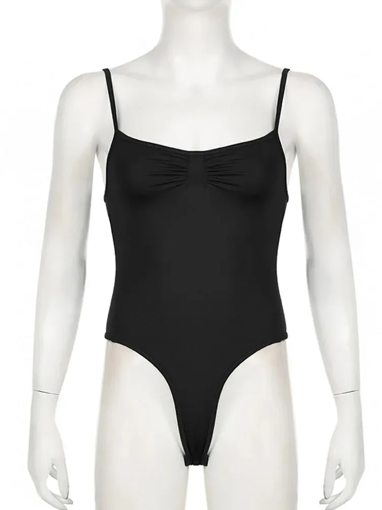 Women's Sleeveless Skinny Shirring Bodysuit Spaghetti Strap Black Solid Simple Basic Sexy Camisole for Vacation — image 7
