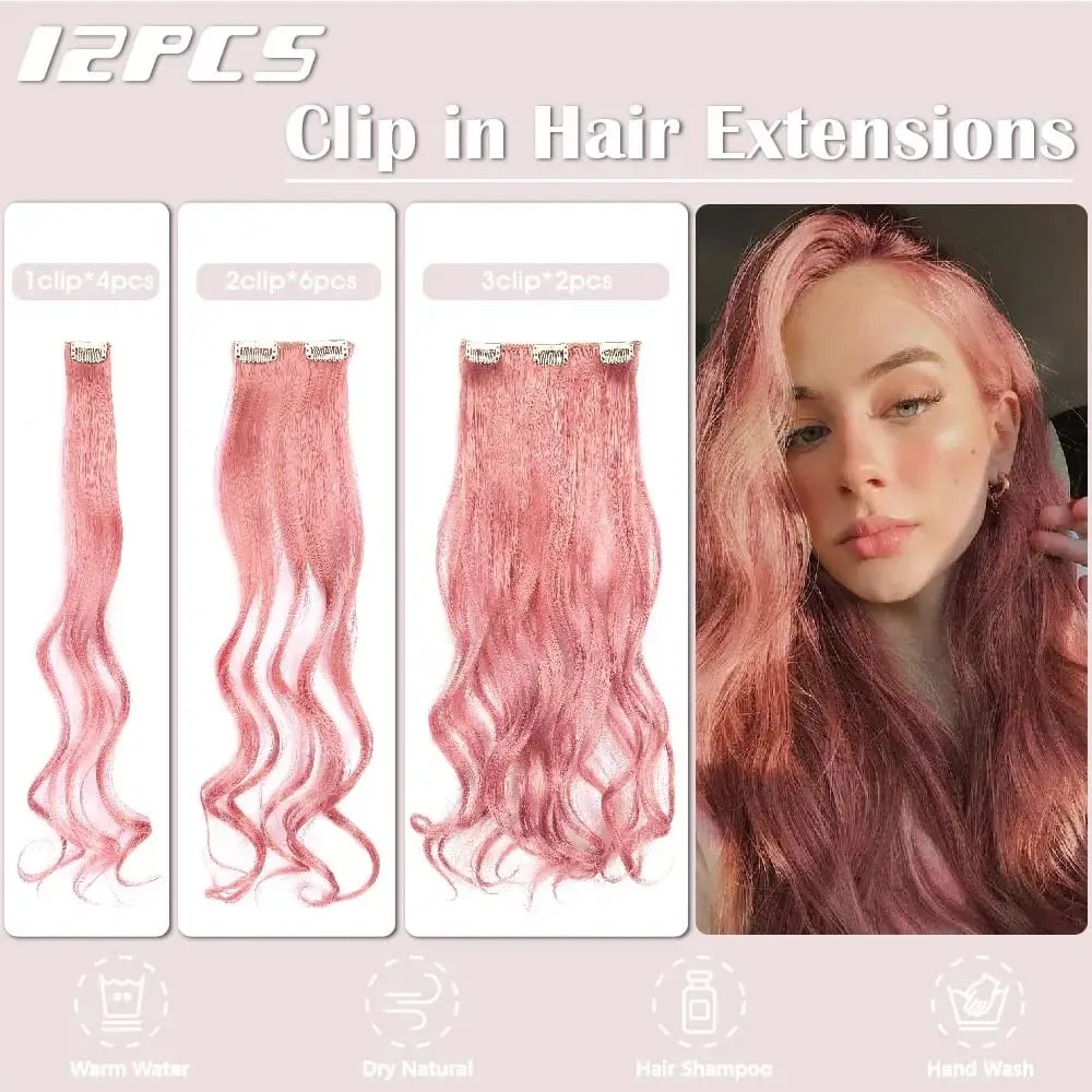 Pink Hair Extensions 12Pcs Clip in Hair Extensions 22 Inches Long Curly Hair Extensions Clip ins Soft Synthetic Hair Extensions — image 4