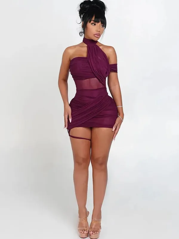 kliou Síťovaný Kříž Nepravidelné Dámské Mini šaty Jednobarevné Sexy Lizený Výstřih Dutý rukáv Bez rukávů Tenké Vestidos Mujer Ohromující párty klubové oblečení — image 4