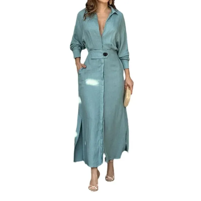 Women's Dress Autumn New Fashion Elegant Long Sleeve Leisure Solid Color V Neck Sexy Ladies Shirt Dresses Commuting Streetwear — image 5
