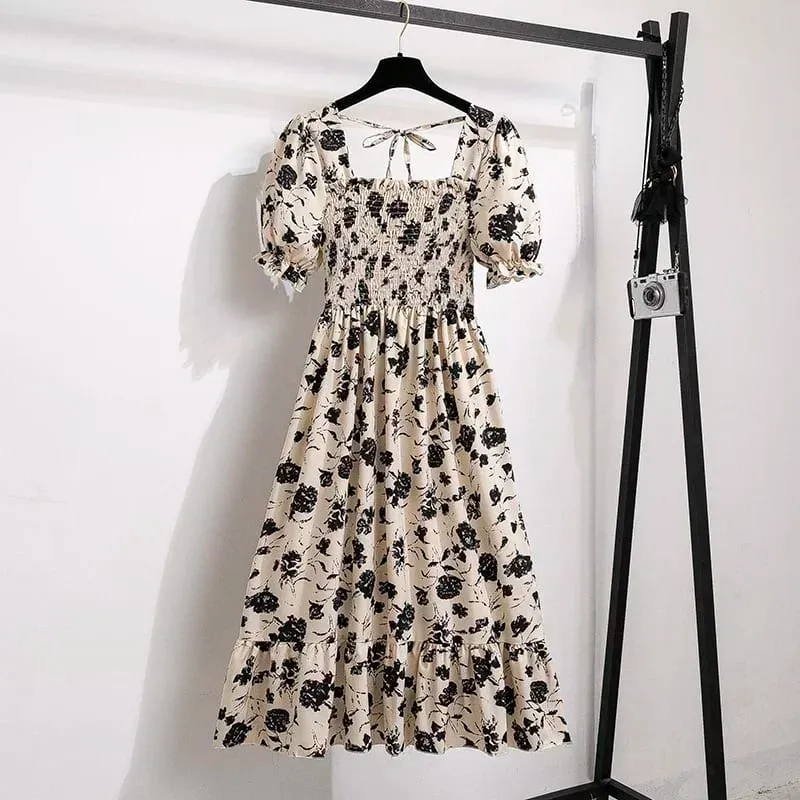 Spring Summer Chiffon Dresses Fashion Female Elastic Waist Short Sleeve Pleated Casual Dress Women A-line Dresses Vestidos — image 3