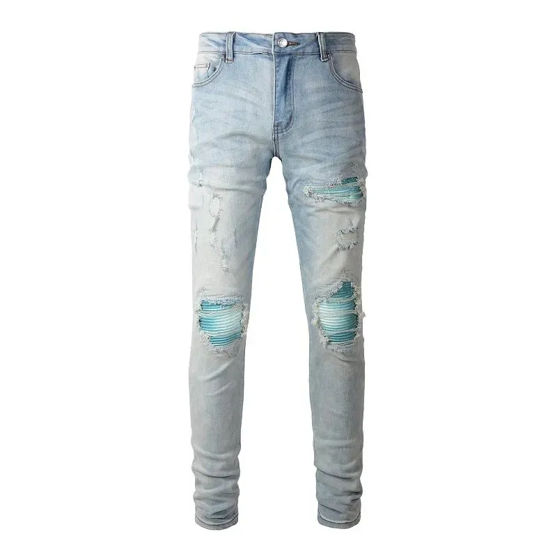 Hole Pencil Pants Men Washed Distressed Patchwork Jeans Low Waist 2024 Vintage Basics Ankle Length Trousers Skinny Denims — image 5