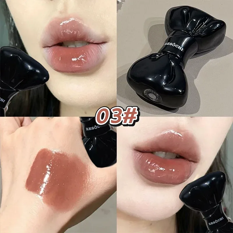 Bow Tube Jelly Mirror Lip Gloss Tomato Red Moisturizing Lip Tint Watery Glass Glossy Waterproof Lip Glaze Plump Lips Cosmetics