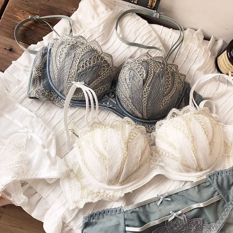 Sexy Embroidery Lace Shell Half Cup Small Breasts Push Up Bra Set Thicken Adjustable Pad Brassiere Panties Girls Underwear — image 2