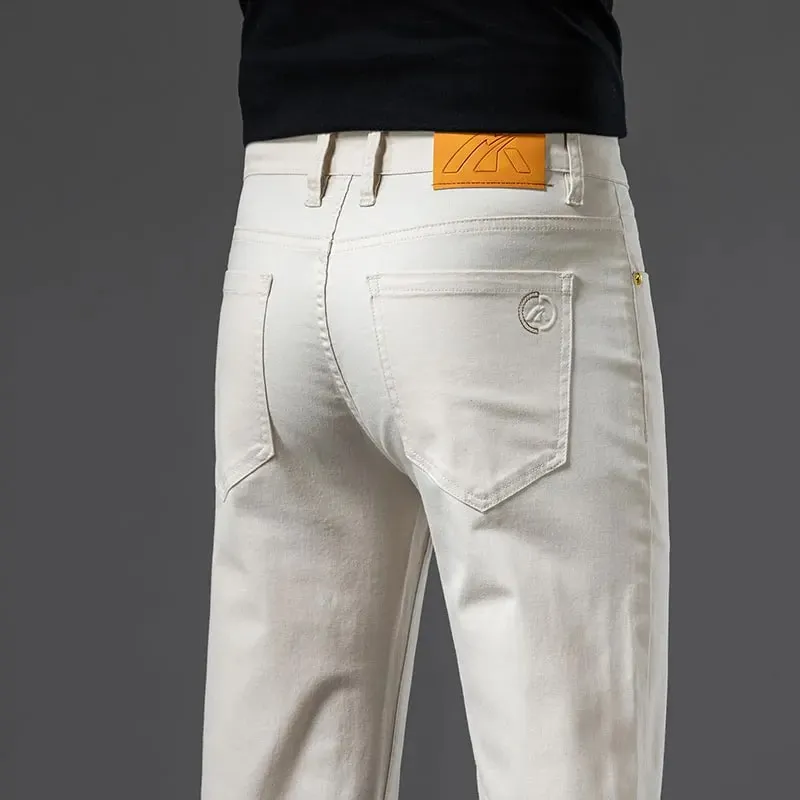 2026 New High Quality Casual Men White Jeans Mid-Waist Straight Stretch Denim Trousers Cotton Comfortable Regular Denim Pants