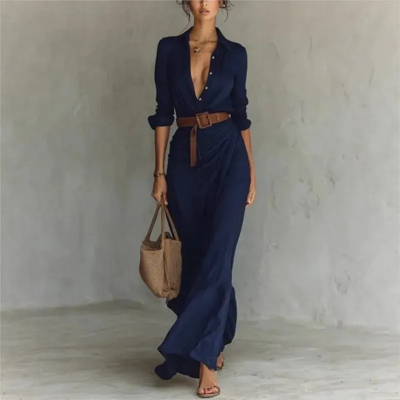 Damesmode effen vakantie feestjurk elegante revers knoop gedrapeerde lange jurk casual lange mouw match met riem shirtjurk — image 5